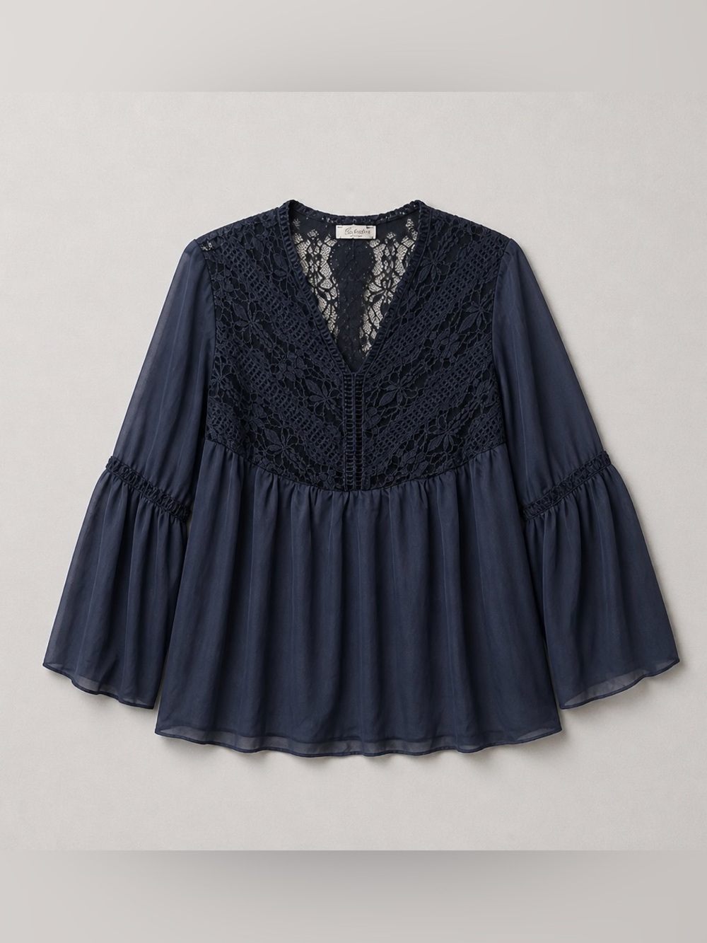 Navy Lace-Yoke Peasant Blouse - Women Tops